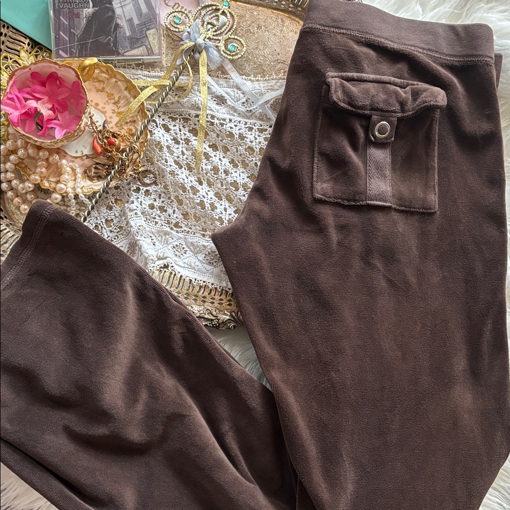 Vintage Juicy Couture Velour Y2k Tracksuit Pant USA Flare Snapback Pockets Brown